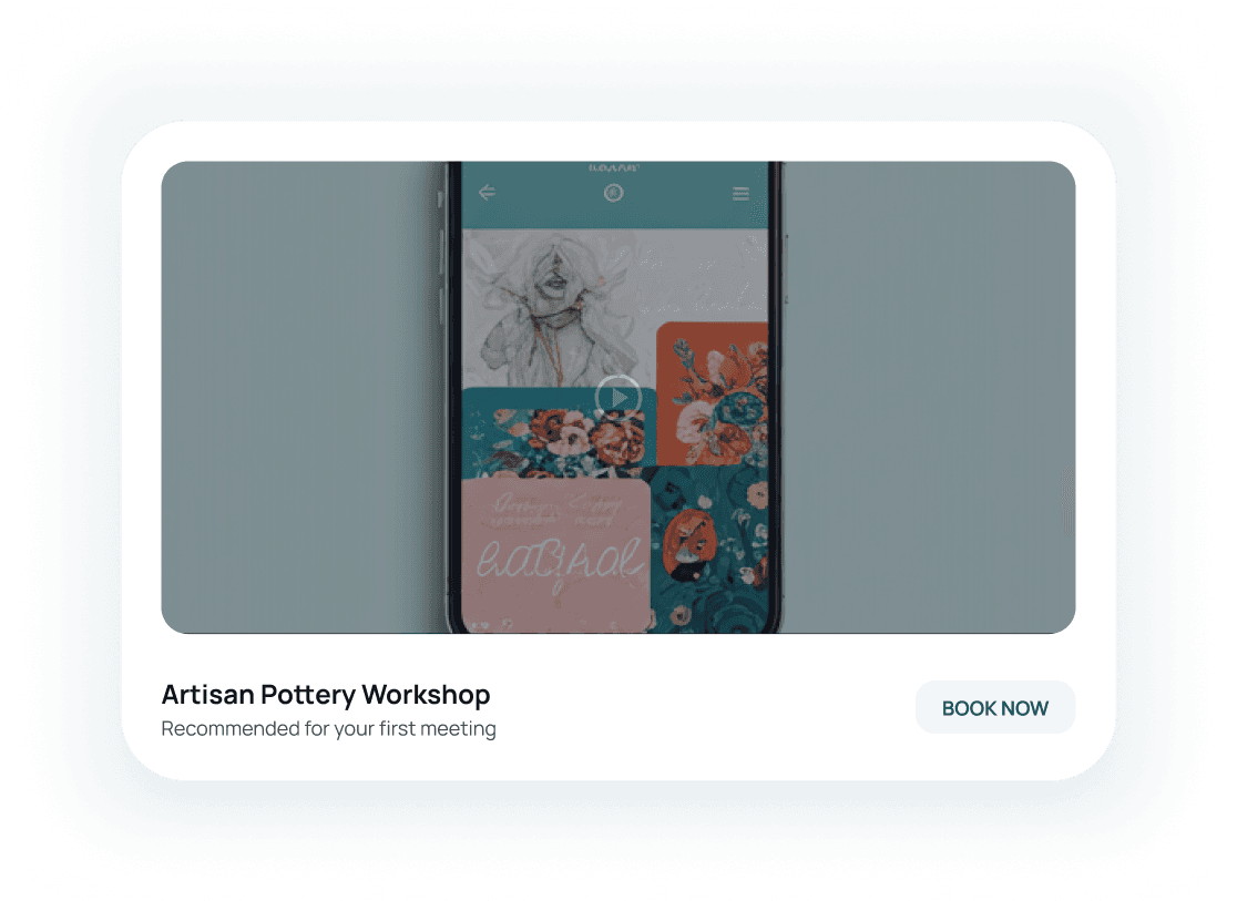 Artisan Pottery Workshop card, recommended for your first meeting, with a Book Now button