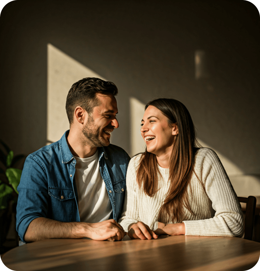 A couple laughing together at a table in warm sunlight