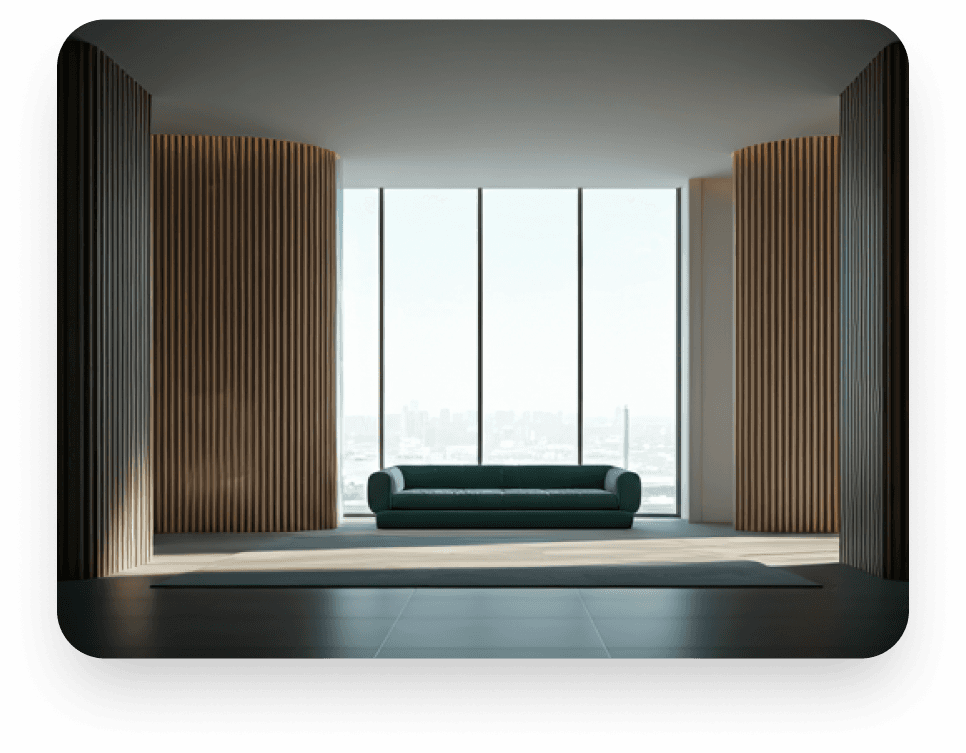 A minimalist luxury interior with wood-slat walls and a city view